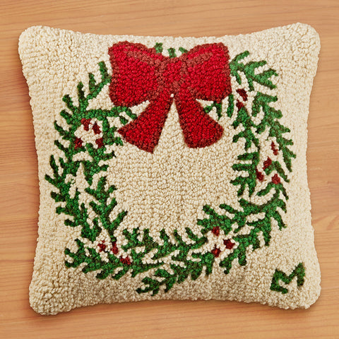 Chandler 4 Corners 14" Hooked Pillow, Christmas Wreath