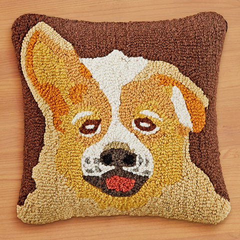 Chandler 4 Corners 14" Hooked Pillow, Corgi