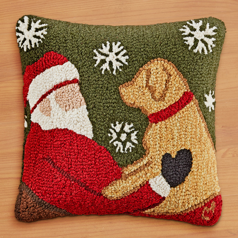 Chandler 4 Corners 18" Hooked Pillow, Lap Dog with Santa