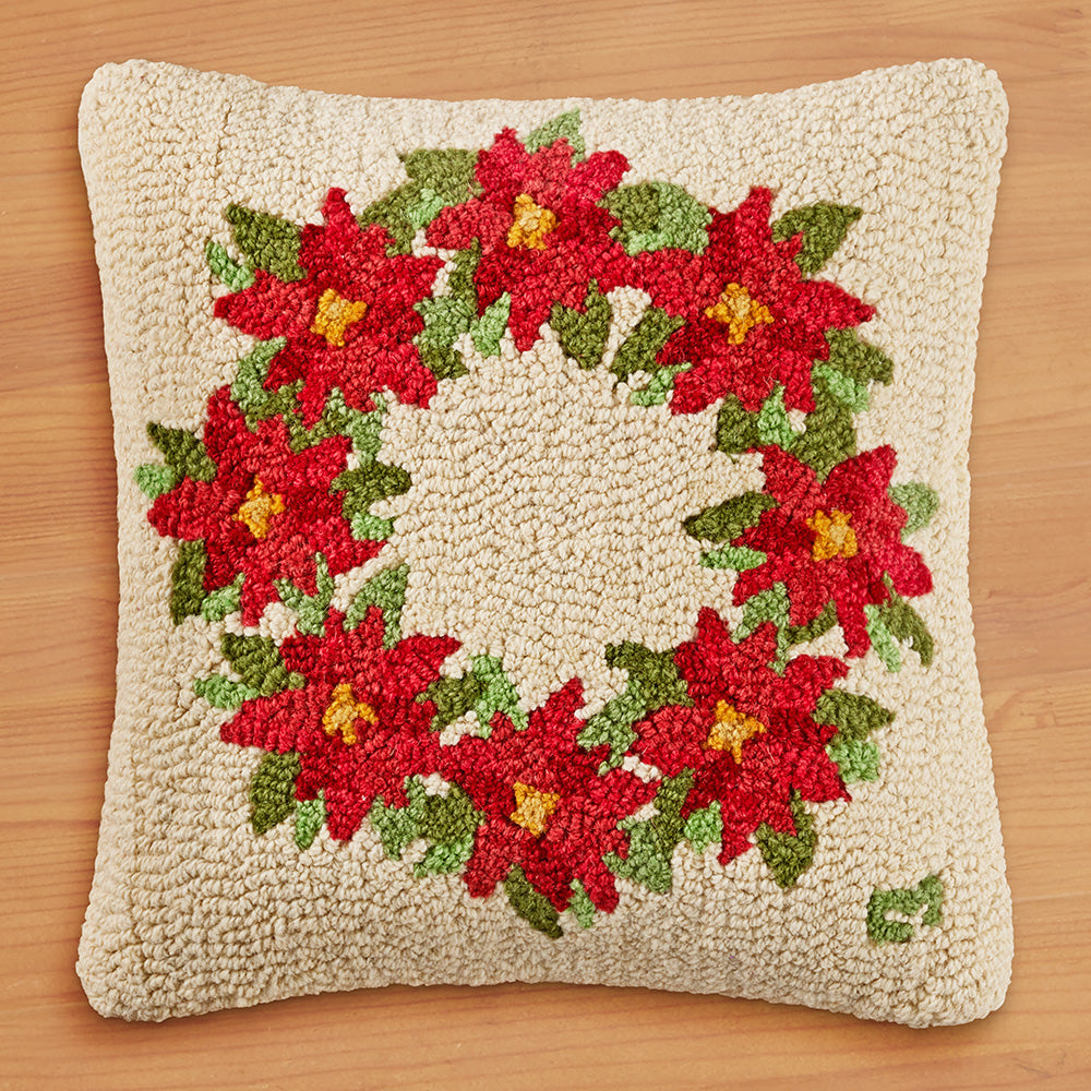 Chandler 4 Corners 18" Hooked Pillow, Poinsettia Wreath