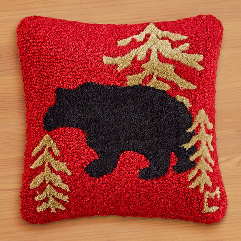Chandler 4 Corners 14" Hooked Pillow, Red Wandering Bear