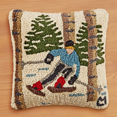 Chandler 4 Corners 14" Hooked Pillow, Skiing the Trees
