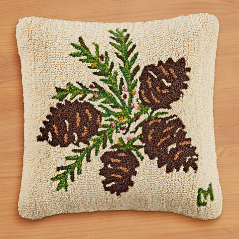 Chandler 4 Corners 18" Hooked Pillow, Winterberry Pinecones