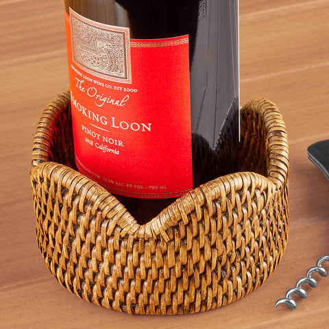 Caspari Scalloped-Edge Rattan Wine Bottle Coaster & Coaster Holder