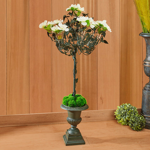 Green Tole Topiary with Glass Vases
