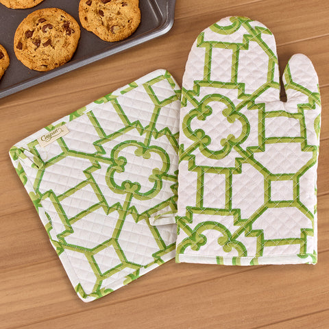 Caspari Oven Mitt/Potholder Set, Garden Green