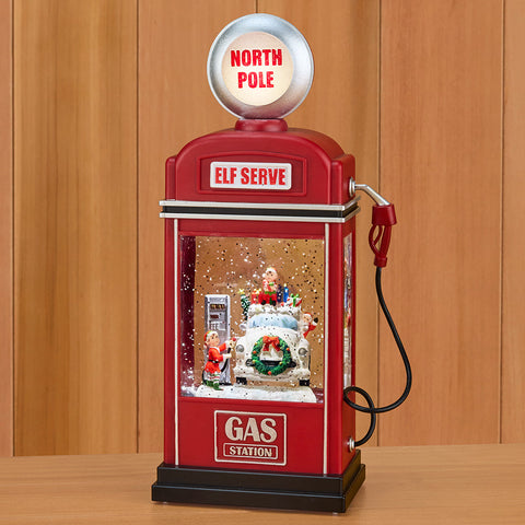 LED Swirl "Elf Serve" Gas Pump Snow Globe
