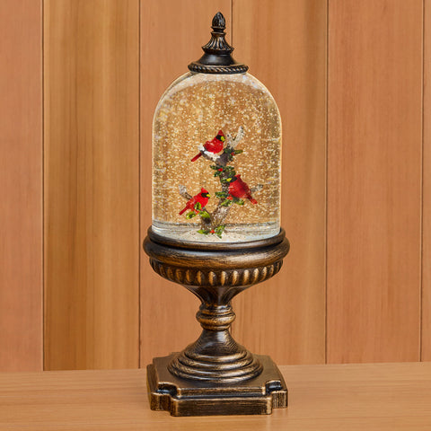 LED Pedestal Snow Globe, Winter Cardinals