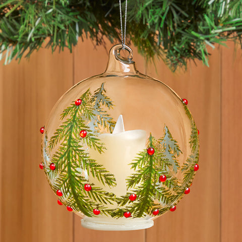 Flameless Candle Glass Ball Ornament, Christmas Tree