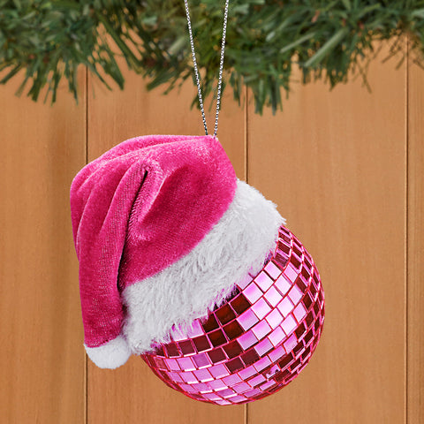 Kurt Adler Ornament, Mirrorball with Pink Santa Hat