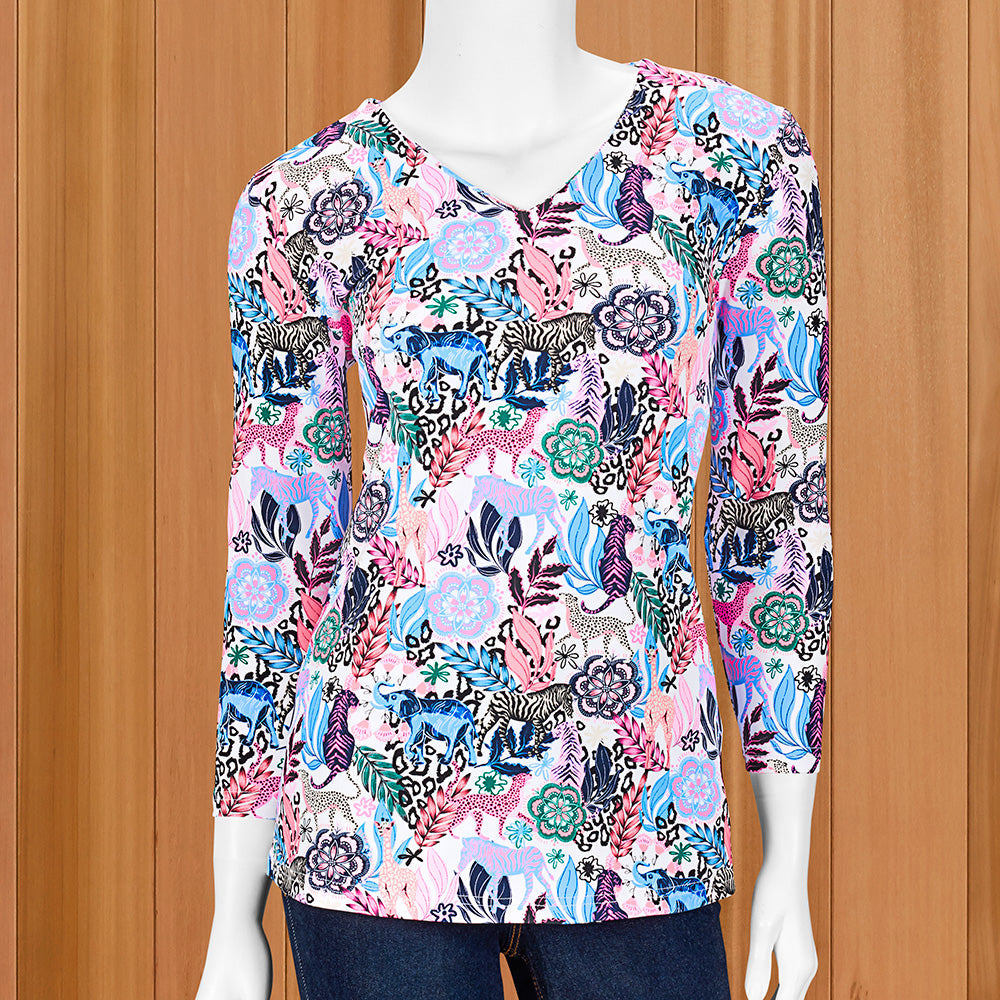 Lulu-B Women's V-Neck ¾ Sleeve Sun Protection Tee, Jungle Time