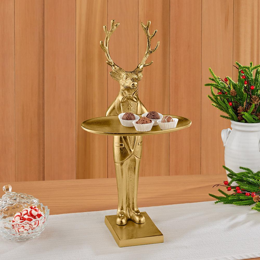 Golden Reindeer Butler Figurine with Serving Tray