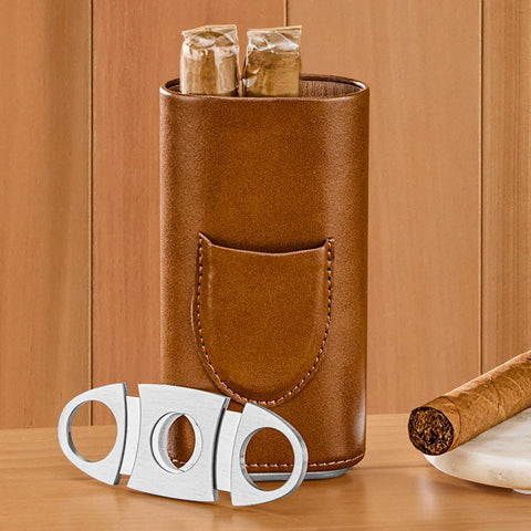 Cole Wheeler Leather Three-Finger Cigar Case and Cutter Set