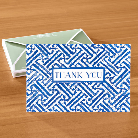 Caspari Thank You Card Set, Fretwork Blue