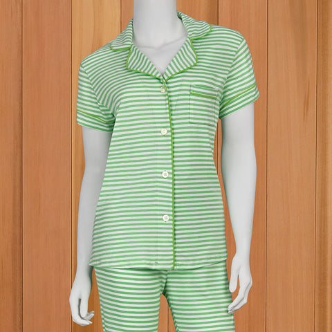 The Cat's Pajamas Women's Pima Knit Capri Pajama Set, Pistachio Essential Stripe
