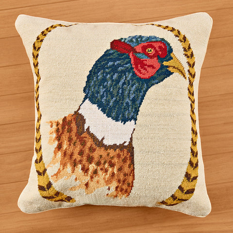 Michaelian Home 18" Needlepoint Pillow, Pheasant and Feathers