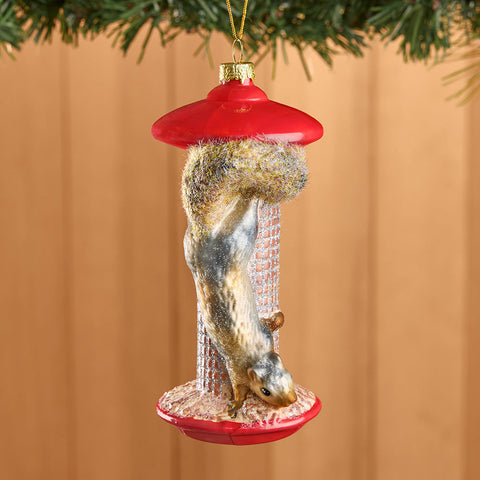 Cody Foster Glass Ornament, Pesky Squirrel on Birdfeeder