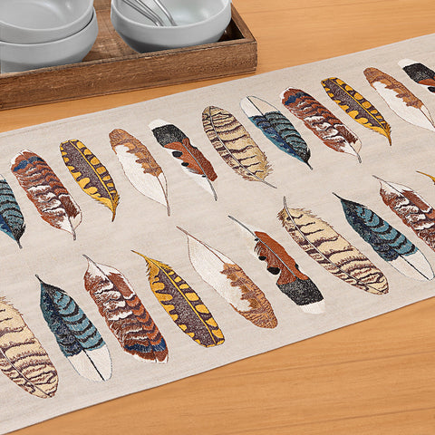 Coral & Tusk Embroidered Linen Table Runner, Feather Harmony
