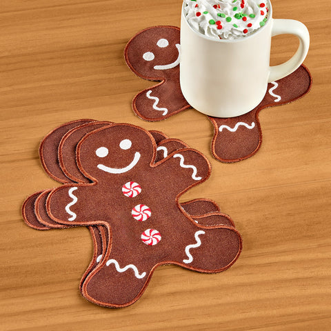 Chefanie Embroidered Linen Cocktail Napkin Set, Gingerbread Man