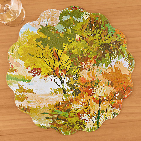 Beatriz Ball VIDA Reversible Round Vinyl Placemat, Fall Woodland Trees / Wood Grain