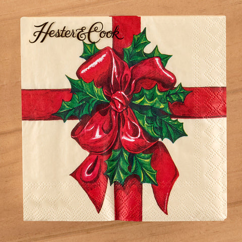 Hester & Cook Paper Napkins, Christmas Present Bow and Holly