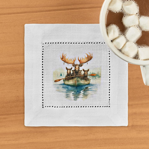 Jolitee Hemstitch Cocktail Napkin Set, Moose on Boat