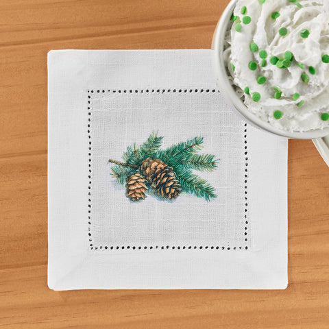 Jolitee Hemstitch Cocktail Napkin Set, Pinecones