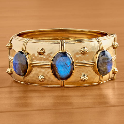 Capucine De Wulf Cleopatra Gold and Labradorite Hinged Bangle Bracelet