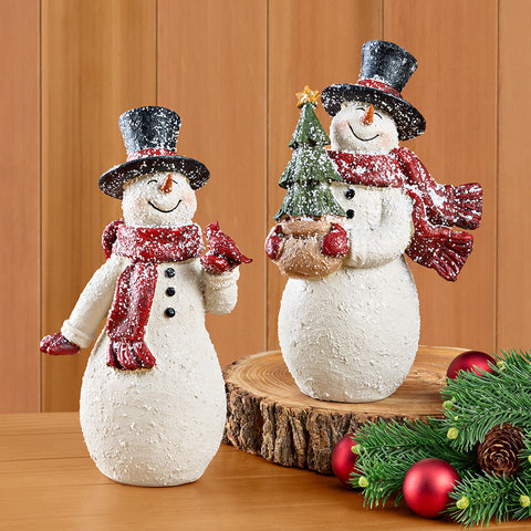 Glittered Resin Traditional Top Hat Snowman Figurines