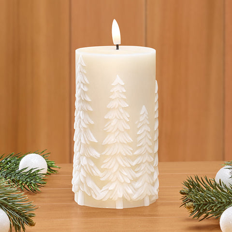 Unscented Flameless Pillar Candle, Snowy Winter Pines