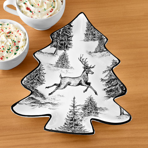 Reindeer Toile Tree-Shaped Serving Dish