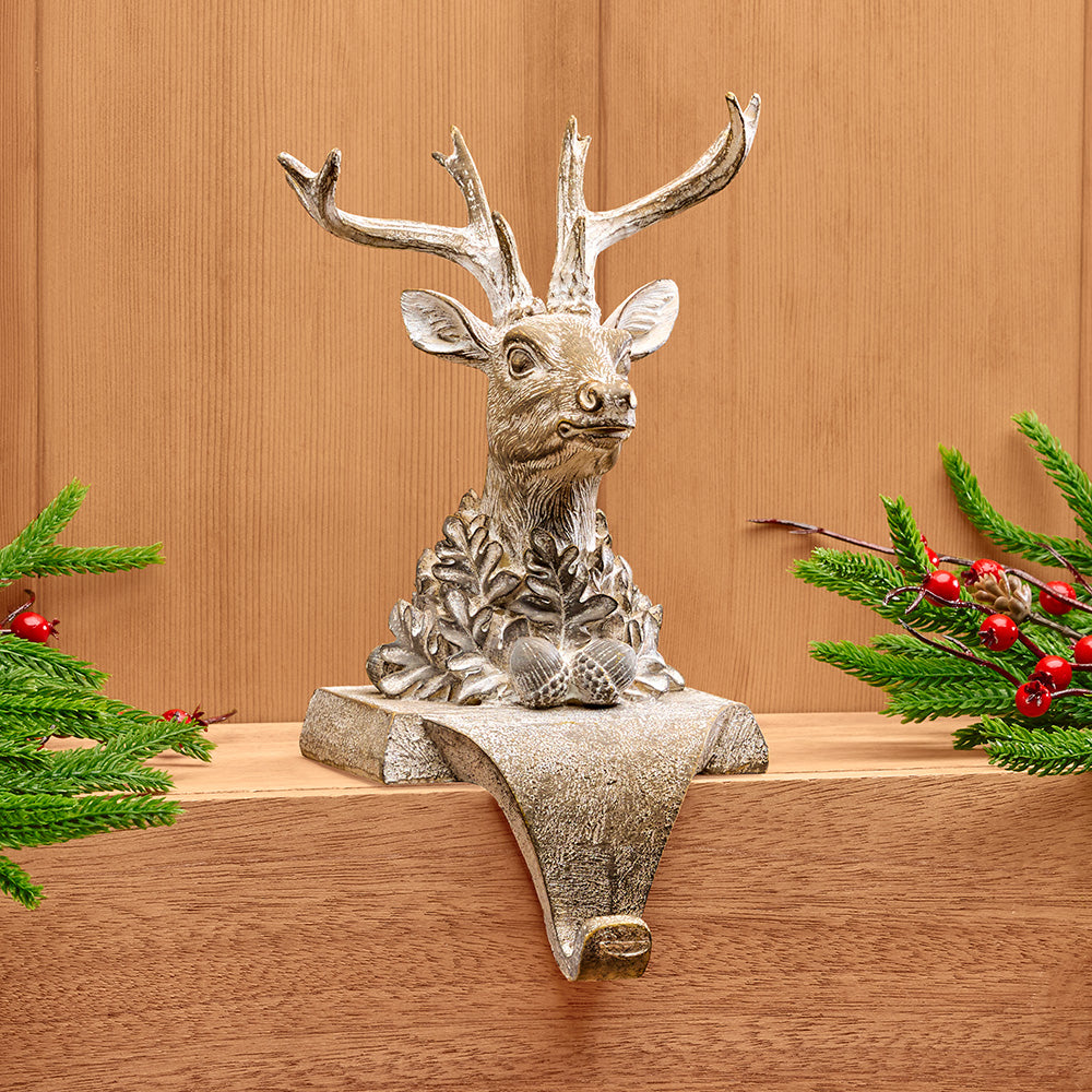 Antiqued Resin Reindeer Bust Stocking Holder Mantel Hook