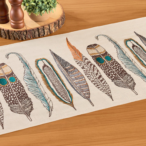 Coral & Tusk Embroidered Linen Table Runner, Feathers