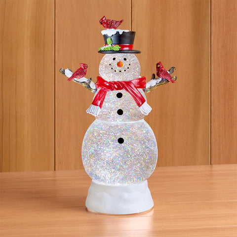 LED Glitter Swirl Snow Globe Snowman with Cardinals