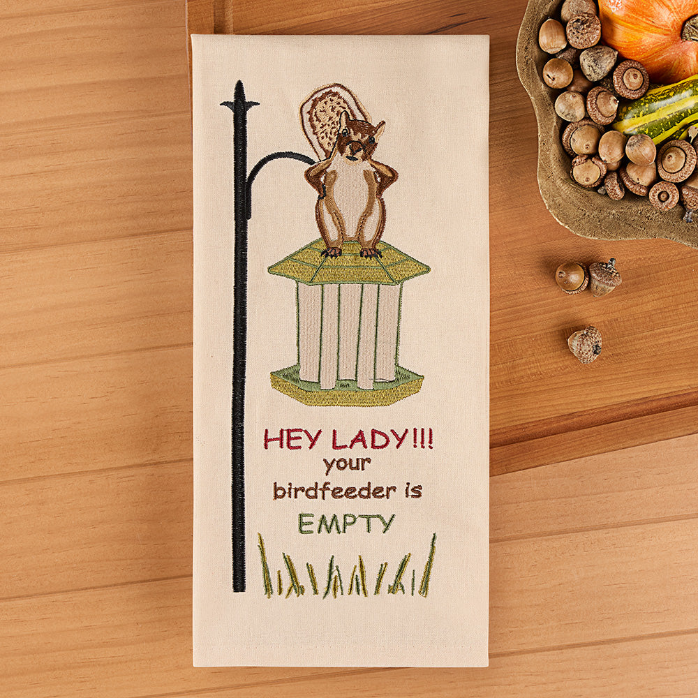 Park Designs Embroidered Dishtowel, Angry Squirrel at Empty Bird Feeder