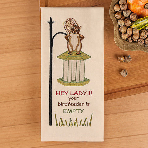 Park Designs Embroidered Dishtowel, Angry Squirrel at Empty Bird Feeder
