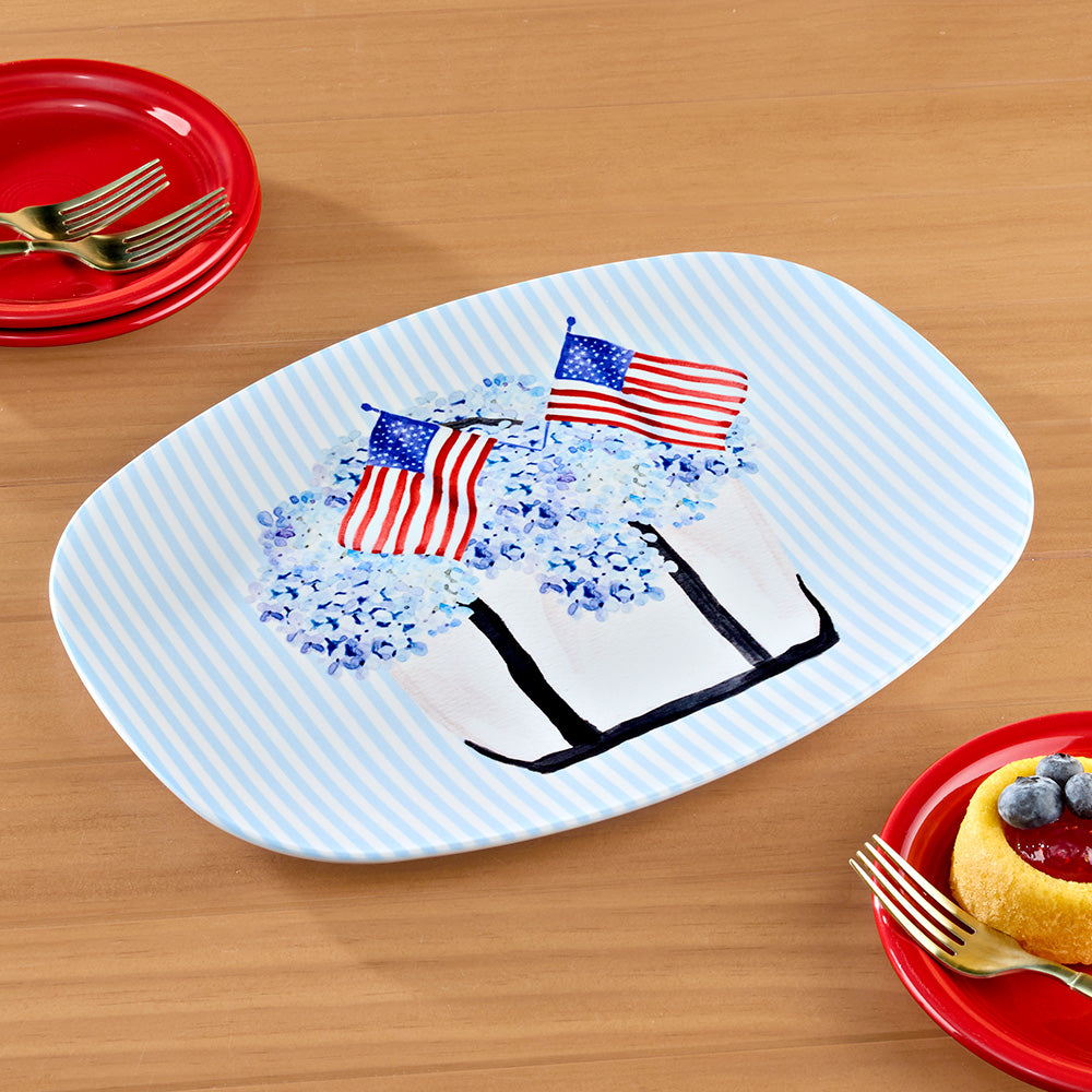 Mariposa TRAYchic Platter, Patriotic Summer Tote Flags and Hydrangeas