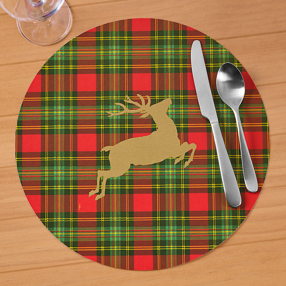 Caspari Paper Placemats, Christmas Reindeer on Red Tartan