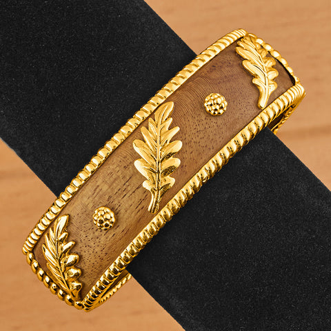 Capucine De Wulf Forest Walk Gold and Teak Oak Leaf Hinged Bangle Bracelet