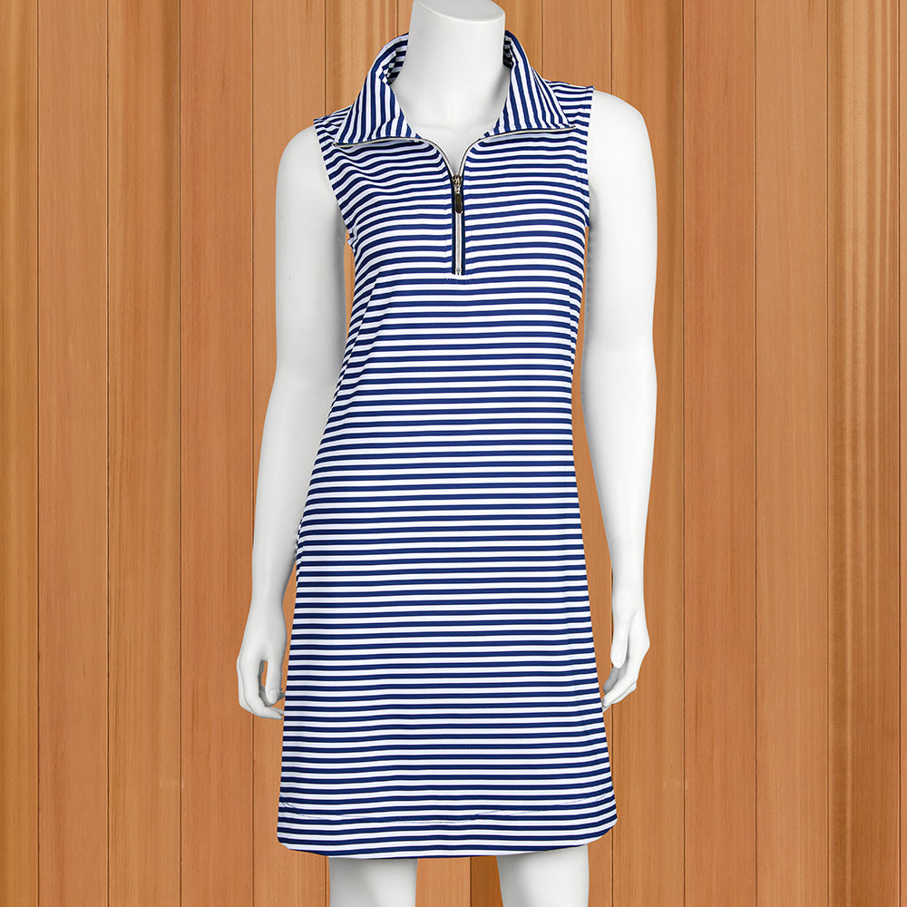 Lulu-B Women's Zip-Neck Sleeveless Sun Protection Dress, Navy Stripe