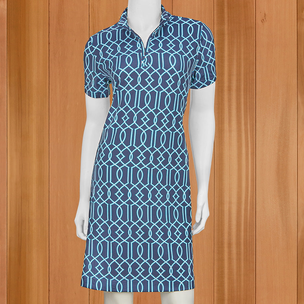 Lulu-B Flared Zip-Neck Short Sleeve Sun Protection Dress, Navy Trellis