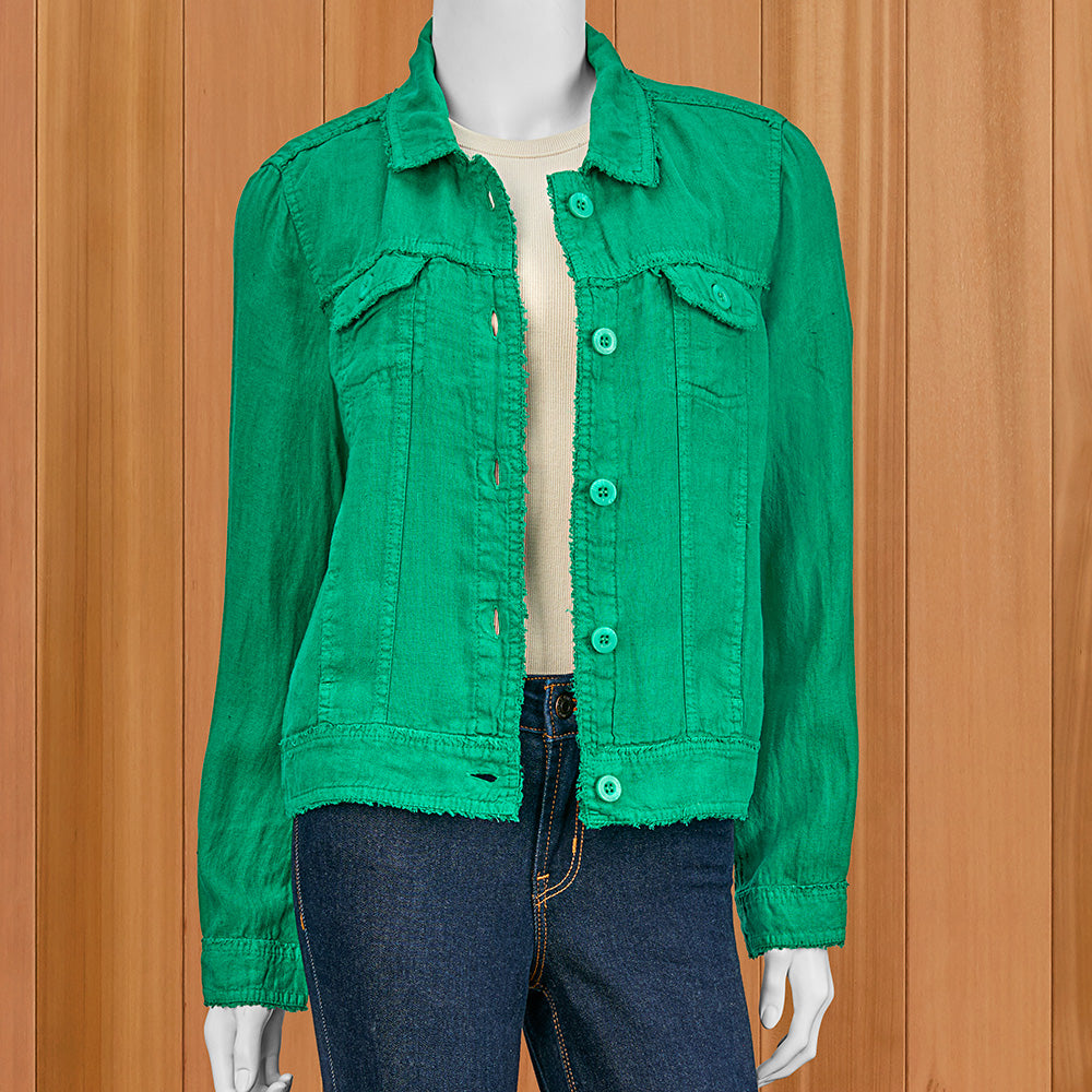 Lulu-B Women's Frayed Linen Jacket, Emerald Green
