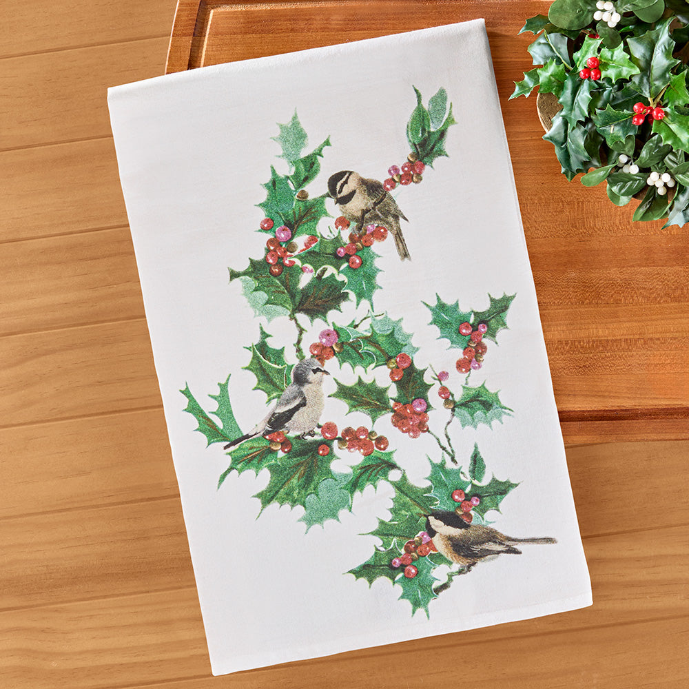 Flour Sack Kitchen Towel, Holly Berry Birds