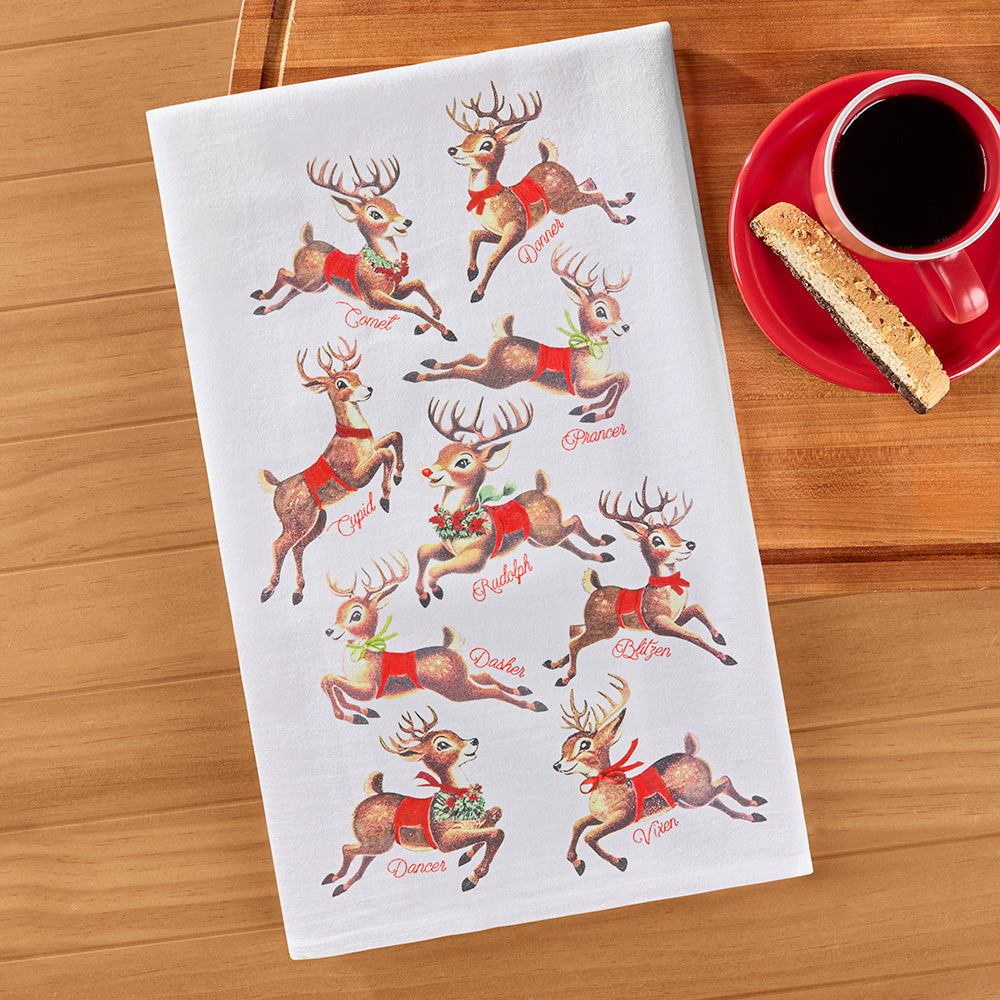 Flour Sack Kitchen Towel, Retro Reindeer