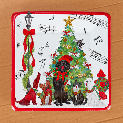 Caspari Paper Dessert / Salad Plates, Christmas Caroling Pets