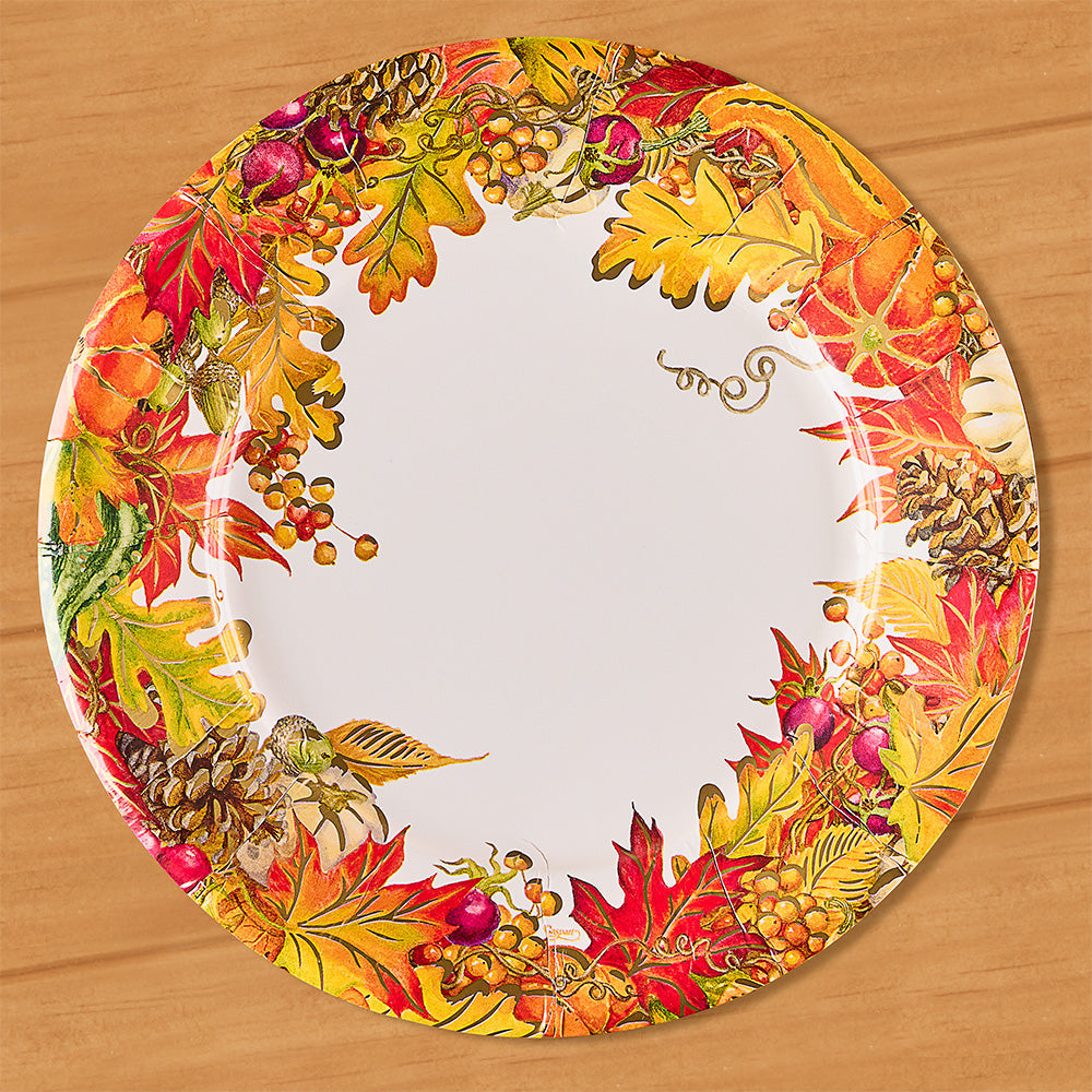 Caspari Paper Dessert / Salad Plates, Fall Leaves & Gourds Harvest Garland