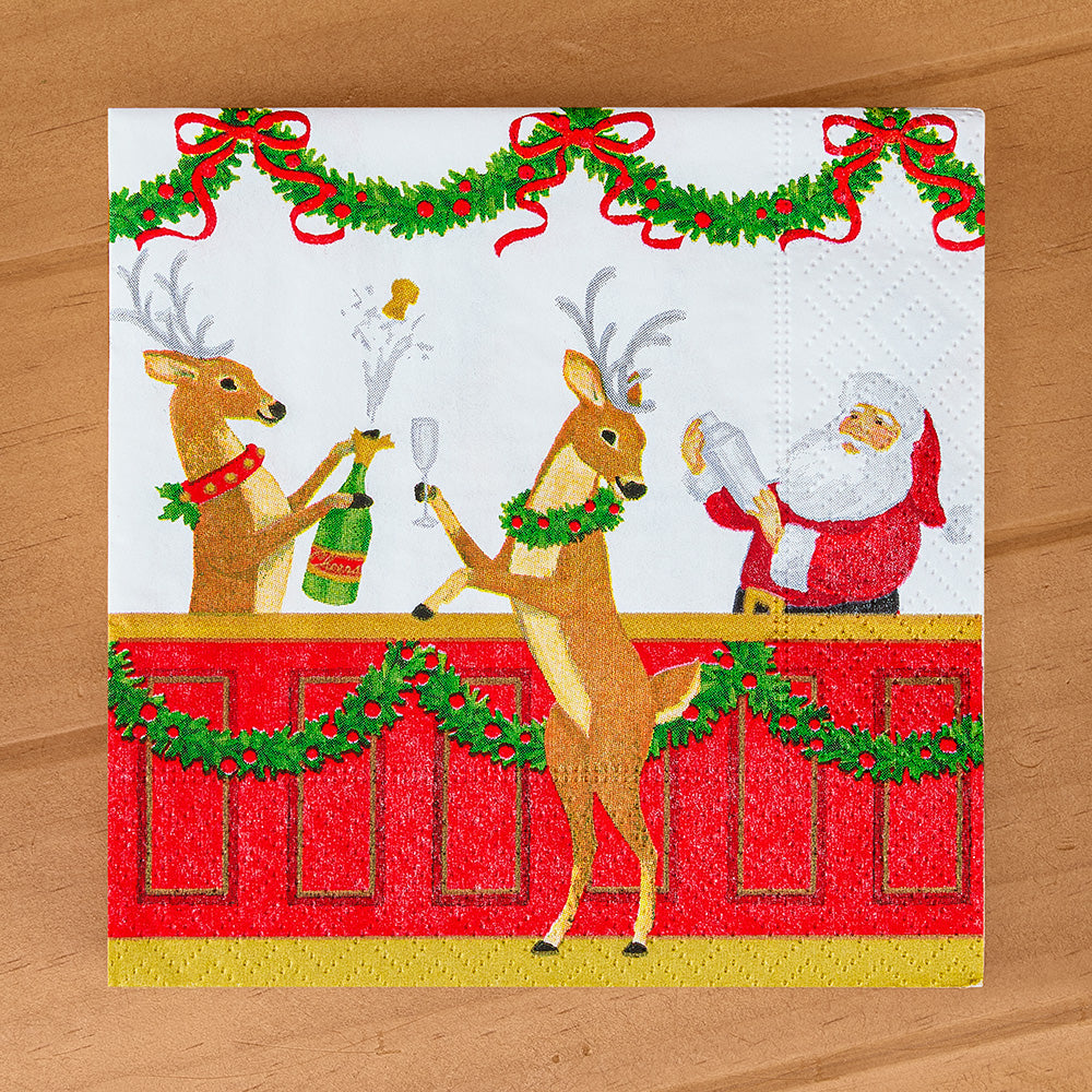 Caspari Paper Cocktail Napkins, Toasting to Reindeer at Santa's Bar