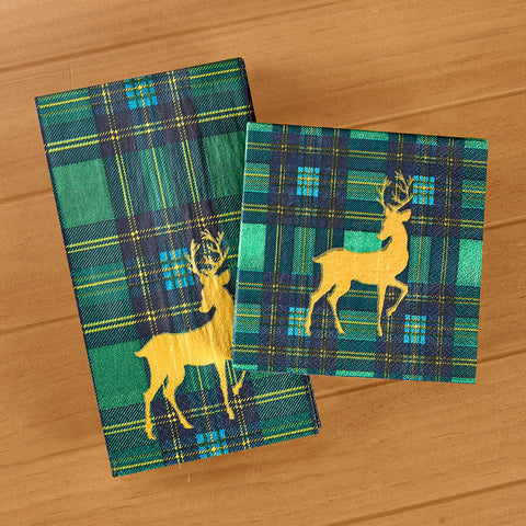 Caspari Paper Napkins, Christmas Reindeer on Green Tartan
