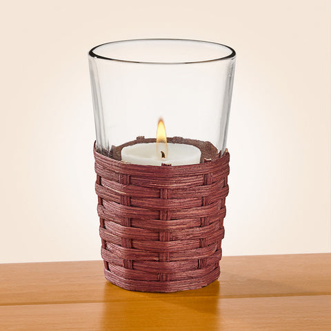 Indaba Glass Votive Candleholder in Woven Cane Basket