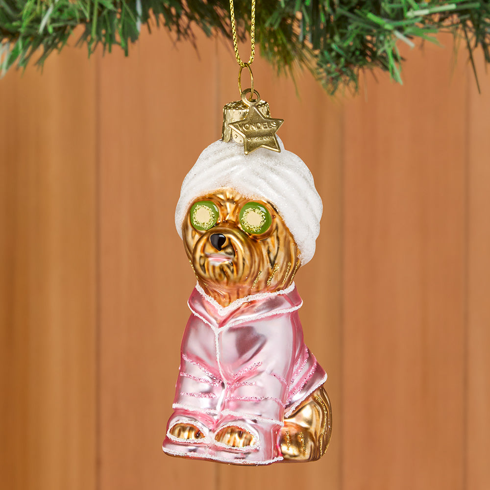Vondels Glass Ornament, Self-Care Yorkie Dog Spa Treatment